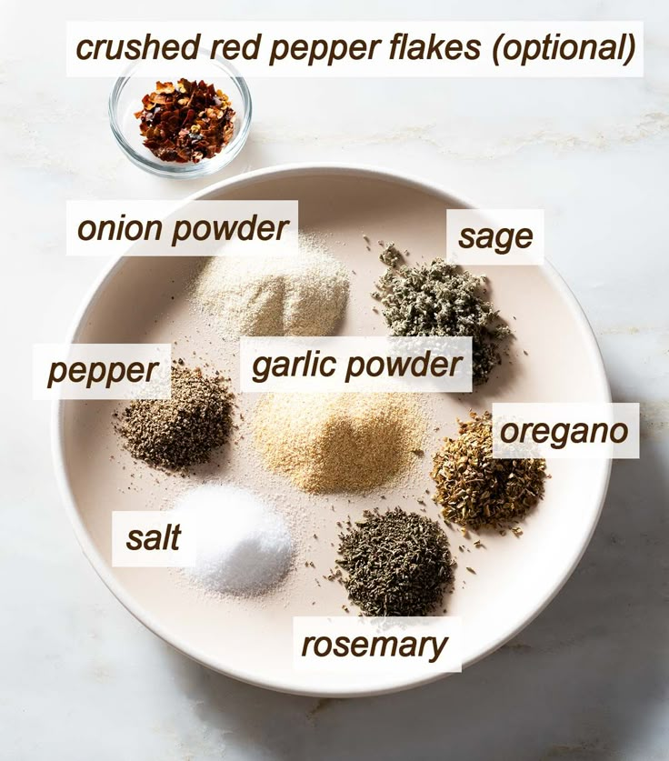 an overhead view of spices on a white plate with the words labeled in different languages