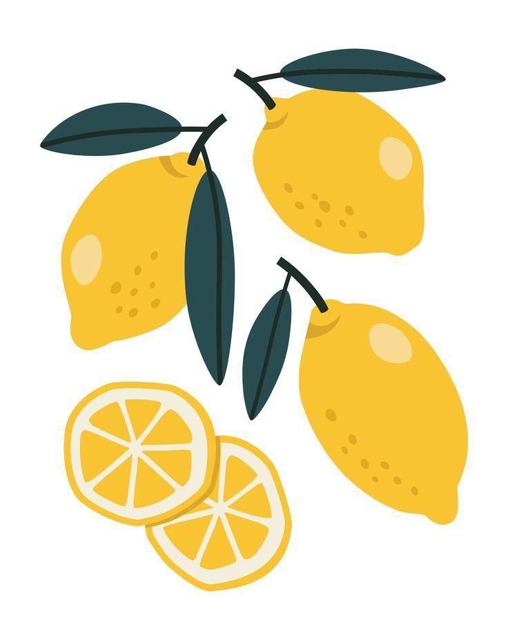 three lemons with leaves and one sliced in half, on a white background illustration