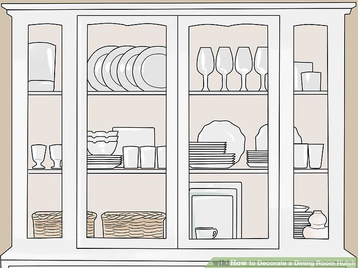 an empty china cabinet with dishes and glasses in the front, on a beige background