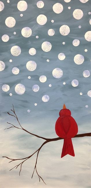 a painting of a red bird sitting on a branch with snow falling off the ground