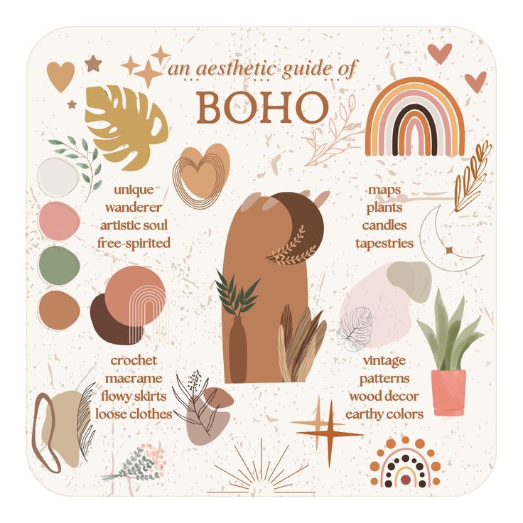 an aesthetic guide of boho is shown on a white background with various plants and other things