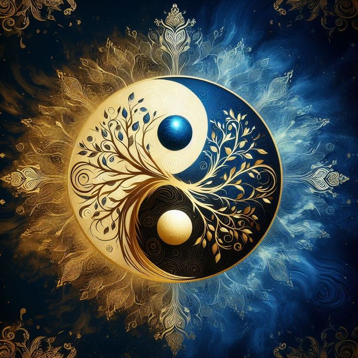 the yin symbol is depicted in an artistic painting on blue and gold swirly background