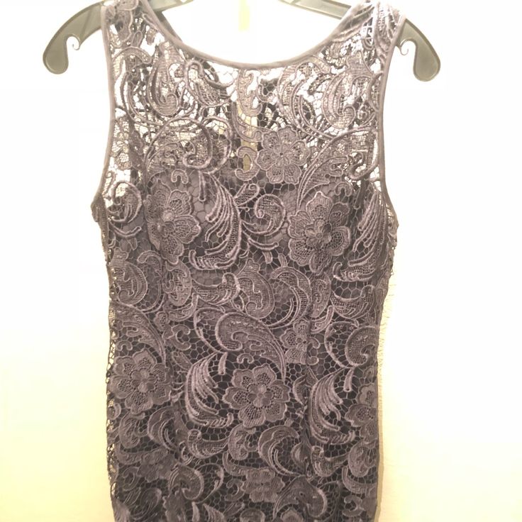 Beautiful Gray Lace Dress. Never Worn. Altered To More Of A Size 4. Has A Lining Inside With Bra Cups. Evening Sleeveless Lace Top Dress, Sleeveless Lace Top Mini Dress, Sleeveless Mini Dress With Lace Top, Sleeveless Lace Top Dress For Night Out, Sleeveless Lace Top Night Out Dress, Sleeveless Lace Top Dress For Date Night, Gray Lace Dress, Adrianna Papell Dresses, Lace Evening Dresses