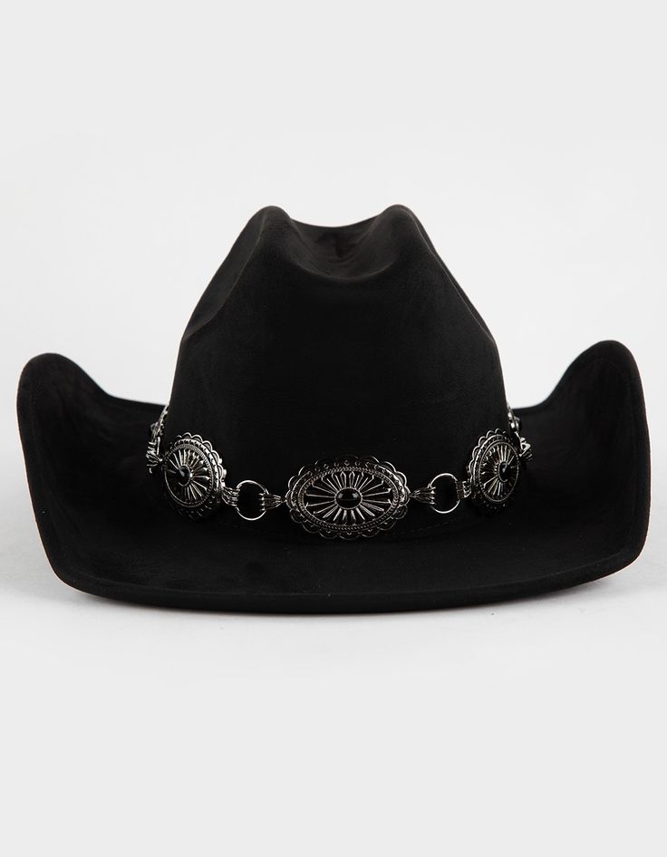 Womens Boho Cowboy Hat - BLACK | Tillys Black Cowboy Hat Decorated, Cowboy Witch Hat, Black And Gold Cowgirl Outfit, Black Western Hat, Black Cowboy Hat Outfit Woman, Black Cowgirl Outfits For Women, Cowgirl Outfits Black, All Black Cowgirl Outfit, Goth Cowgirl Aesthetic