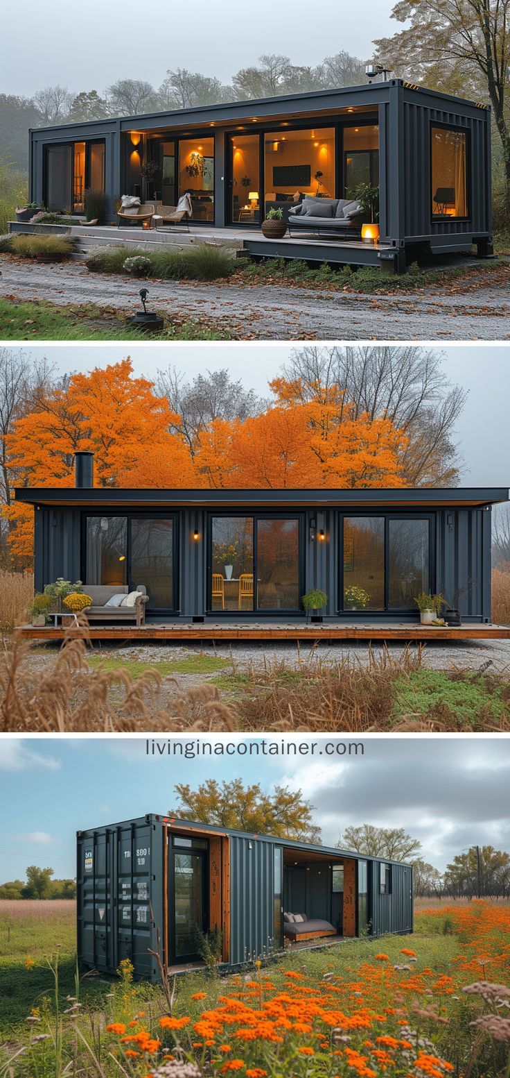 two pictures showing the inside and outside of a shipping container house with orange flowers in front