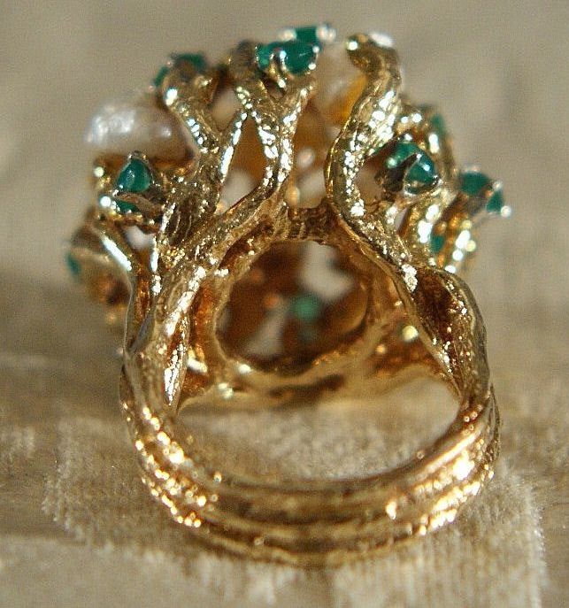 I am offering you this spectacular vintage 14 K yellow gold (tested positive for 14 K gold content) large raised dimensional etched domed round shaped ring with 17 full cut prong set genuine emeralds in this magnificent custom made ring. Intermixed within this heavy bold gold work and these wonderful emeralds are 5 very large abstract shaped genuine cultured pearls. Please note it weighs a very heavy 18 grams in 14k yellow gold weight. This ring has very bold design with a raised etched very hig Vintage Gold Domed Ring, Antique Gold Emerald Cabochon Ring, Gold Domed Collectible Ring, Vintage Cabochon Emerald Ring For Anniversary, Antique Gold Dome Ring, Vintage Gold Emerald Cabochon Ring, Vintage Yellow Gold Dome Ring For Wedding, Vintage Oval Dome Ring For Wedding, Victorian Gold Emerald Ring For Wedding