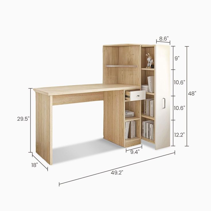 an image of a desk and bookcase with measurements