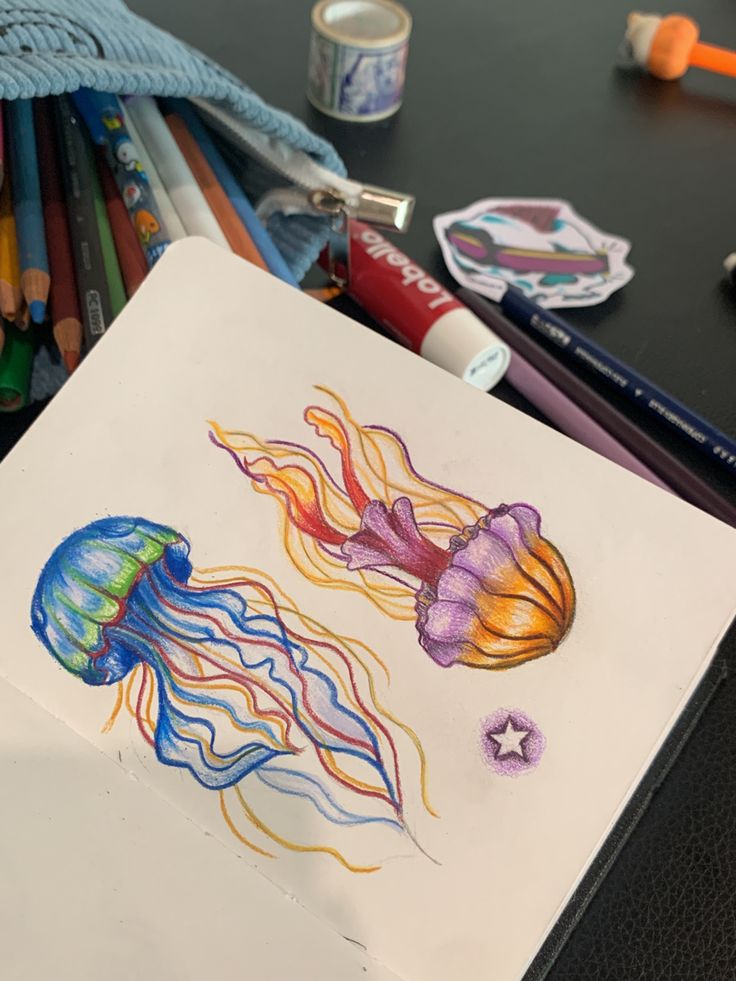 a drawing of two jellyfishs with colored pencils next to it