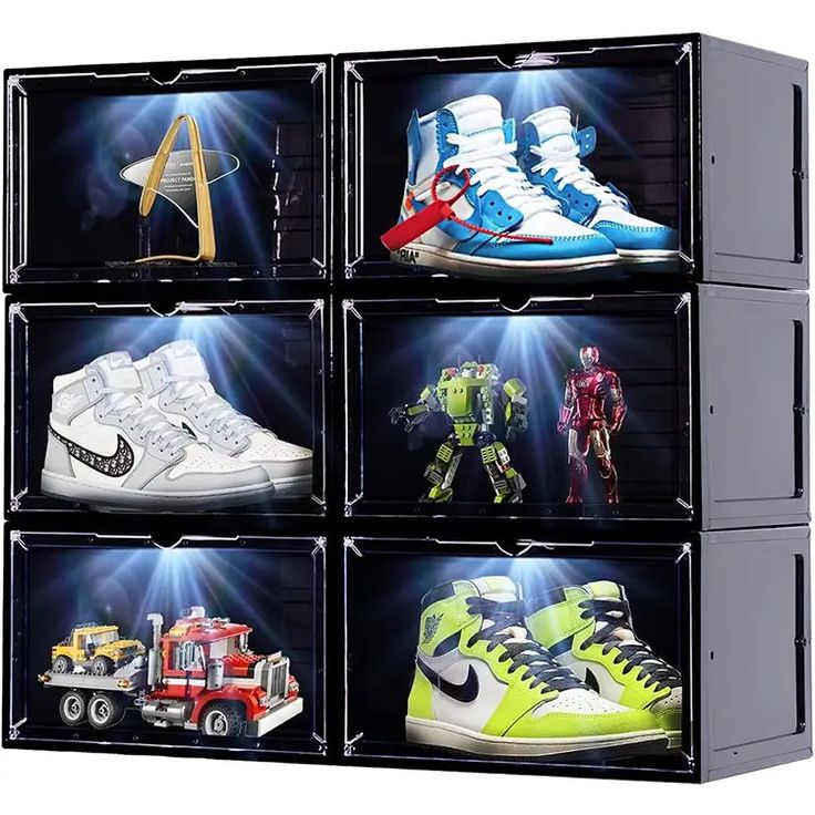 six pairs of shoes with different designs on them in a display case against a white background