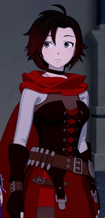 an animated image of a woman in a red dress and black cape with her hands on her hips