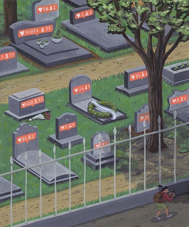 a painting of a cemetery with many headstones and people walking past it in the grass