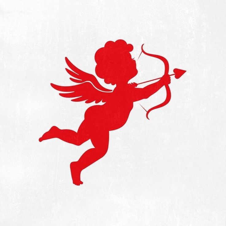 a red silhouette of a cupid with a bow and arrow in its hand, on a white background