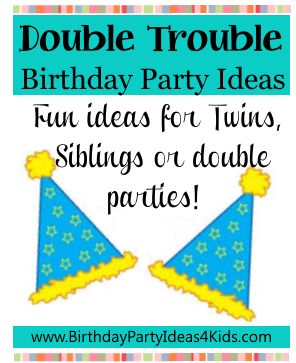 a birthday party sign with two hats on it and the words, double trouble birthday party ideas