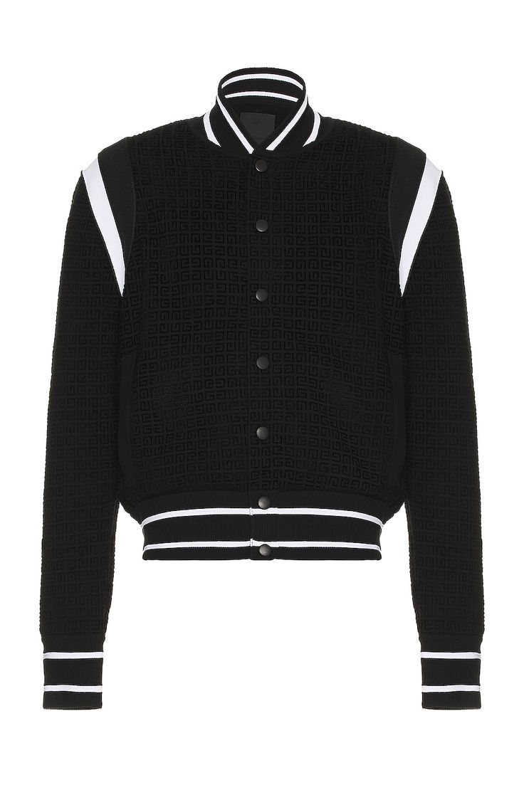 Find GIVENCHY Knitted Bomber Jacket on Editorialist. Givenchy Knitted Bomber Jacket in Black Self: 63% cotton 24% viscose 13% polyamide Sleeves Band: 100% polyester Lining: 64% viscose 36% polyamide. Made in China. Dry clean only. Front snap button closure. Side seam pockets. Fleece lining. Midweight fabric with tonal 4G logo throughout. GIVE-MO214. BM016B4YH9. About the designer: Hubert de Givenchy founded his namesake fashion house specializing in Haute Couture and ready-to-wear in 1952. No sooner did it open than Givenchy earned a reputation for breaking with the fashion codes of its time. Today, the house is synonymous with aristocratic elegance, sensuality and fresh romanticism. Its legacy continues through the modern approach of its newest Creative Director Matthew M. Williams, appoi Luxury Black Sweater With Ribbed Collar, Designer Black Sweater With Ribbed Cuffs, Designer Black Wool Cardigan, Luxury Cotton Sweatshirt For Fall, Luxury Cotton Sweater With Ribbed Cuffs, Designer Cotton Sweatshirt For Fall, Designer Black Jacquard Knit Sweater, Designer Outerwear With Ribbed Collar And Long Sleeves, Luxury Jacquard Knit Winter Outerwear