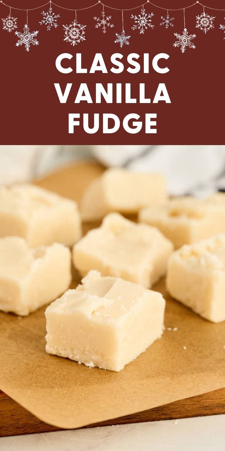 a wooden cutting board topped with pieces of white fudge