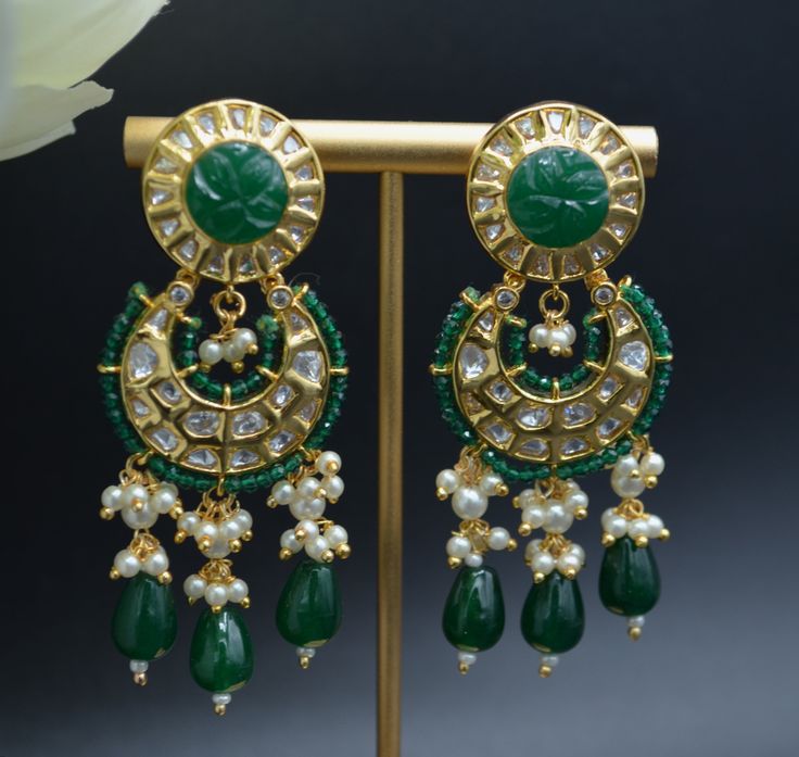 Amrapali Inspired Carved Stone Uncut Kundan Chandbali Style Earrings Green Sabyasachi Earrings, Kundan Chandbali, Bead Tassels, Photography Jewelry, Kundan Earrings, Carved Stone, Indian Earrings, Fancy Jewelry, Kundan Jewellery