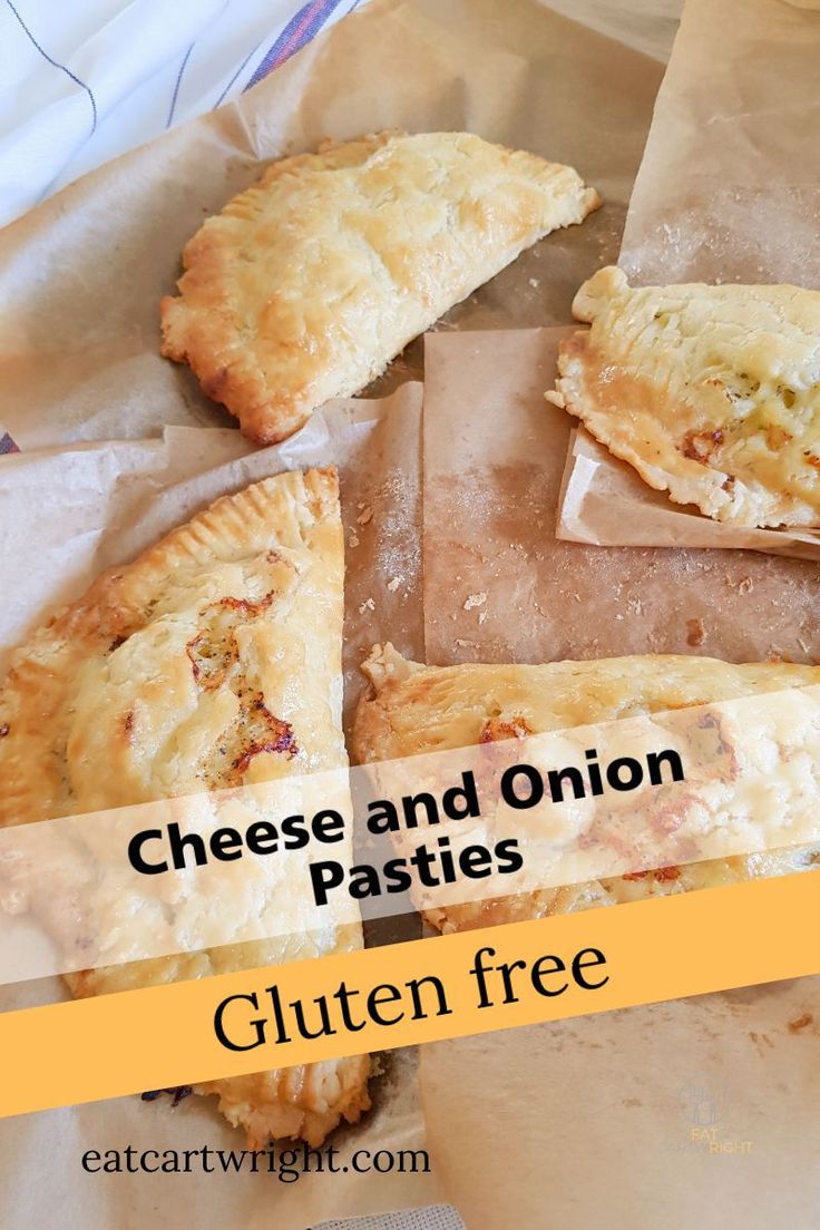 cheese and onion pasties with text overlay that reads gluten free