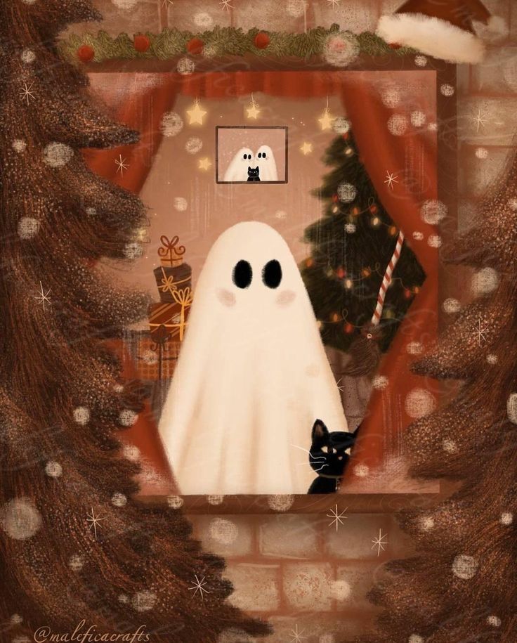 there is a ghost in the window with a black cat