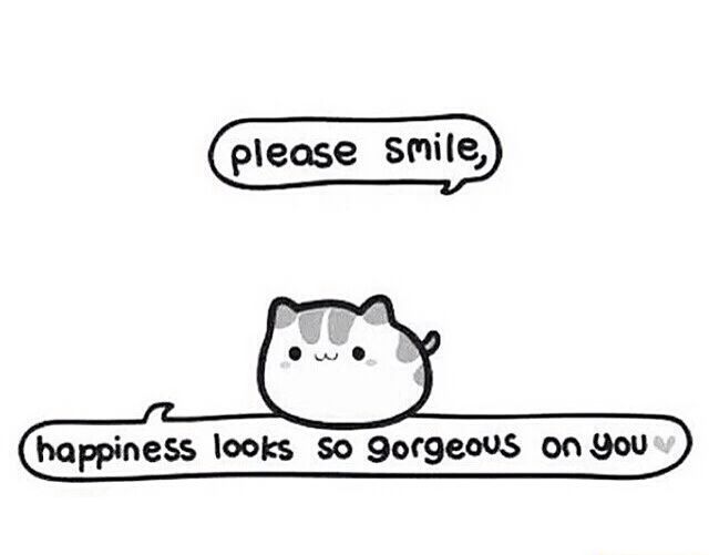 a cartoon cat sitting on top of a sign that says, please smile happiness looks so gorgeous on you