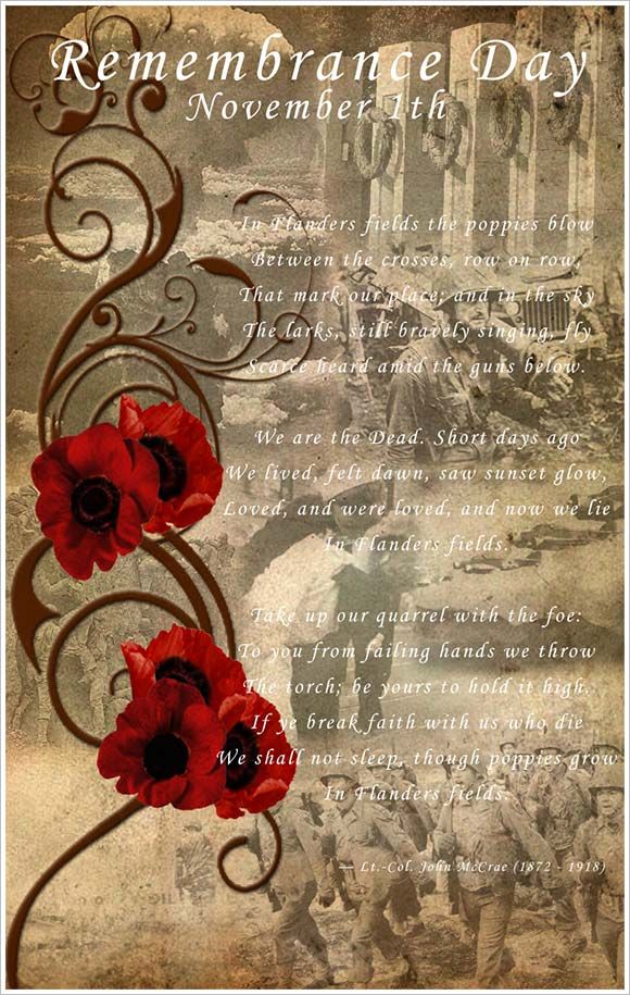 a remembrance poster with red flowers and an old time photo in the background that says remembrance day