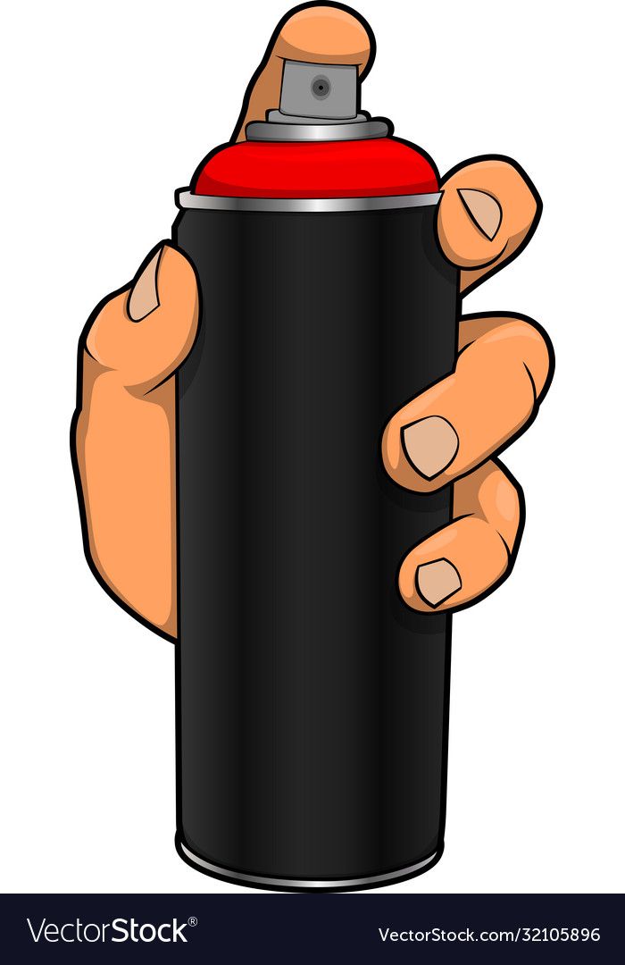 a hand holding a black spray can with red top and bottom, on a white background