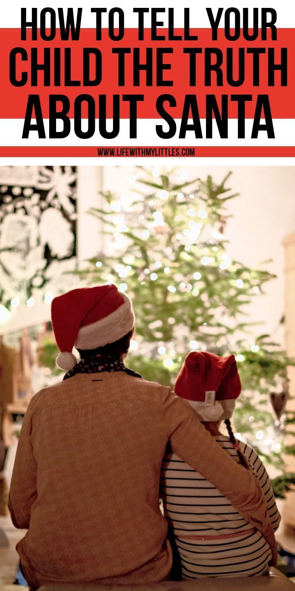 two people sitting in front of a christmas tree with the words how to tell your child the truth about santa