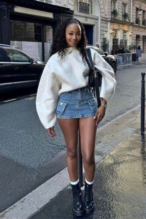 Styling A Denim Skirt Summer, Navy Blue Skirt Outfits Short, Jean Baddie Outfits, Thanks Giving Outfits Women Skirt, Style Denim Mini Skirt, Black Girls Outfits Ideas, Fall And Winter Outfits Black Women, Mini Mini Skirt Outfit, Skirts And Dresses Outfits