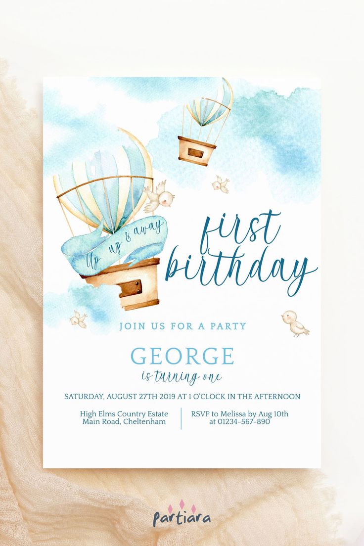 a watercolor hot air balloon birthday party card with the words first birthday on it