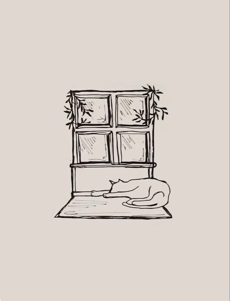 a black and white drawing of a cat sleeping in front of a window