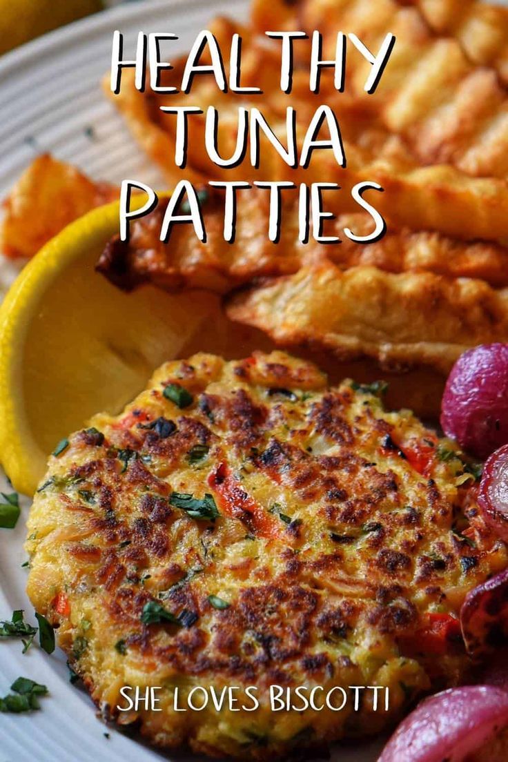 a plate with some food on it and the words healthy tuna patties above it