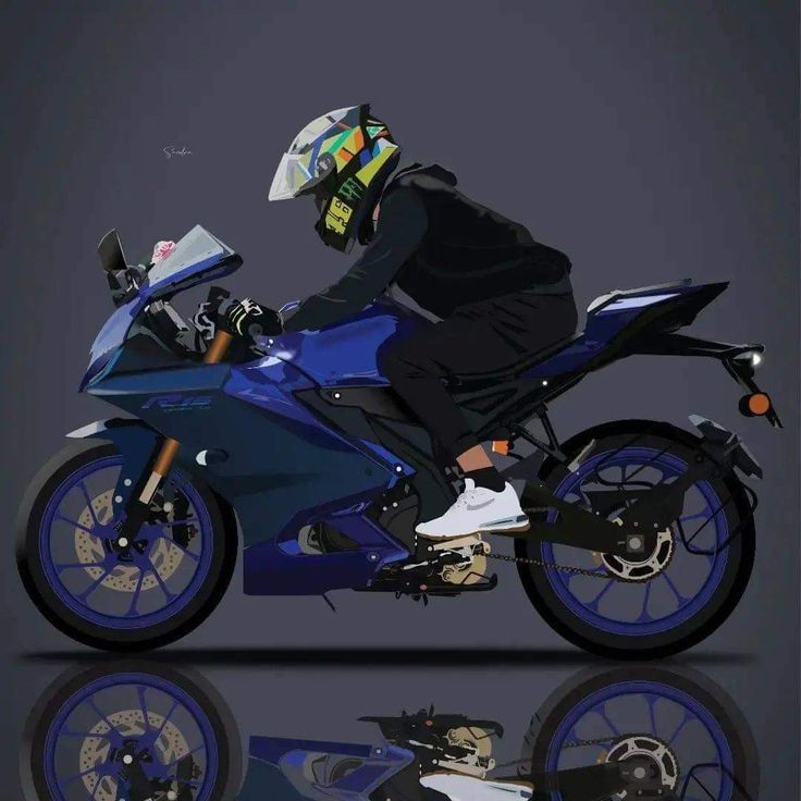 a man riding on the back of a blue motorcycle next to a black and white background