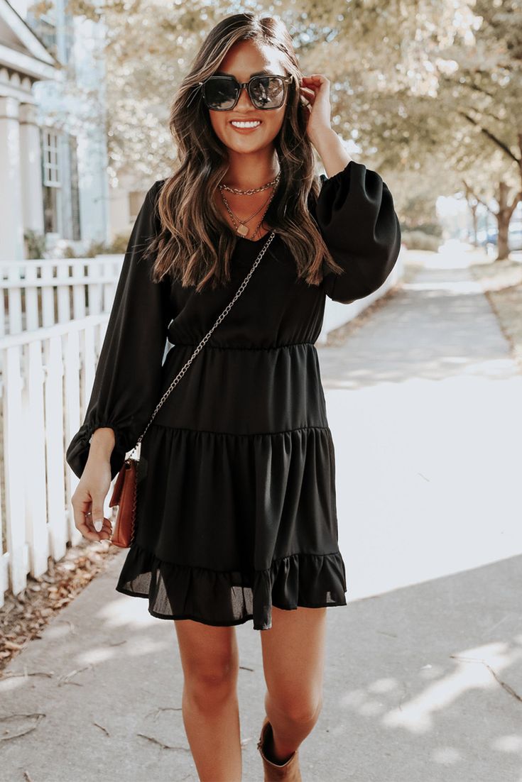 Black Tiered Ruffle Balloon Sleeve Mini Dress Casual Black Ruffle Dress, Chic Black Tiered Dress With Ruffles, Casual Black Ruffle Hem Dress, Elegant Black Tiered Dress With Ruffle Hem, Black Casual Tiered Dress With Ruffles, Black Tiered Dress With Ruffle Hem For Spring, Elegant Black Tiered Dress For Spring, Fitted Black Tiered Dress With Ruffles, Black Ruffle Dress With Ruffle Hem And Sleeves