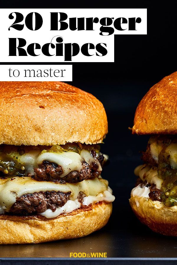 two hamburgers sitting on top of a table next to each other with the words, 20 burger recipes to master