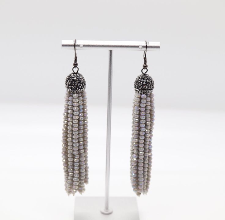 Sterling Grey Tassel Earrings Elegant Tassel Earrings With Round Dangling Beads, Elegant Adjustable Tassel Earrings With Round Beads, Elegant Long Drop Beaded Tassel Earrings, Elegant Silver Beaded Tassel Earrings, Elegant Long Drop Beaded Fringe Earrings, Silver Adjustable Earrings With Beaded Fringe, Silver Beaded Fringe Dangle Tassel Earrings, Silver Dangle Tassel Earrings With Beaded Fringe, Elegant Beaded Earrings With Tassels