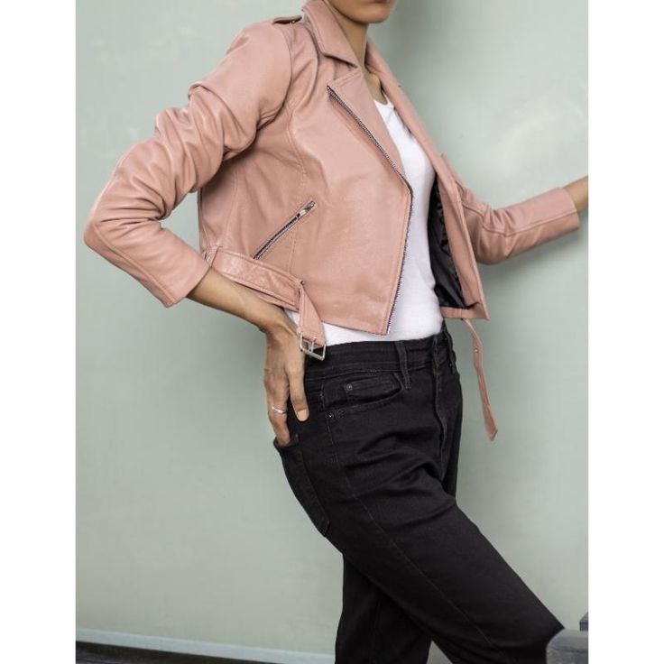 Elevate your wardrobe with our Chic Women's Cropped Leather Jacket. This stylish and versatile outerwear piece is designed for the modern woman who values both fashion and function. Crafted from premium, supple leather, this jacket offers a sleek silhouette that enhances any outfit, whether casual or sophisticated. The cropped cut provides a contemporary twist on the classic leather jacket, making it perfect for layering over dresses, blouses, or even a simple tee. Featuring a tailored fit, zipp Chic Solid Biker Jacket For Work, Trendy Leather Jacket With Long Sleeves, Chic Leather Biker Jacket With Long Sleeves, Trendy Spring Leather Cropped Jacket, Spring Leather Cropped Jacket For Work, Trendy Leather Cropped Jacket For Spring, Chic Leather Cropped Jacket For Spring, Fitted Leather Cropped Jacket For Spring, Edgy Leather Cropped Jacket For Spring