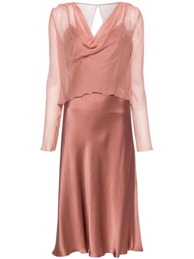 peach pink satin finish semi-sheer overlay V-neck lace trim spaghetti straps dart detailing detachable organza cover-up mid-length Salmon Dress, Sheer Overlay, Satin Midi Dress, Pink Midi Dress, Alberta Ferretti, Exclusive Fashion, Neck Lace, Peach Pink, Pink Satin