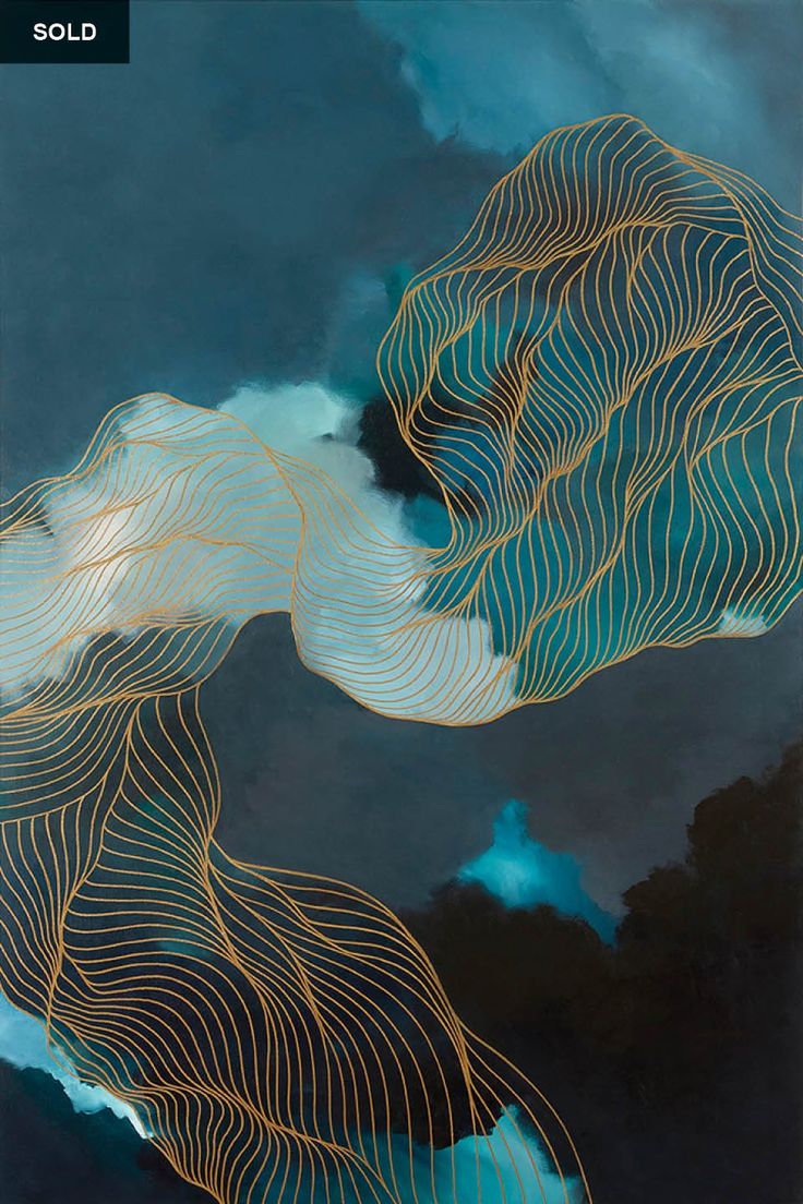 an abstract painting with wavy lines in the sky and clouds above it, as if they were floating on water