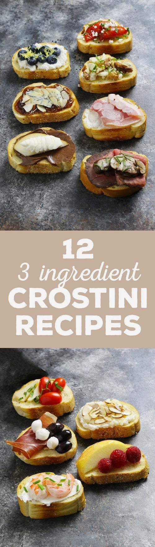 there are several different types of breads on the table with text overlay that reads, 13 ingredient crostini recipes