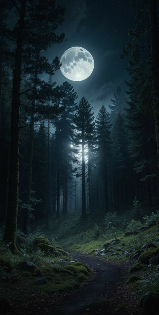 a dark forest at night with the moon in the sky