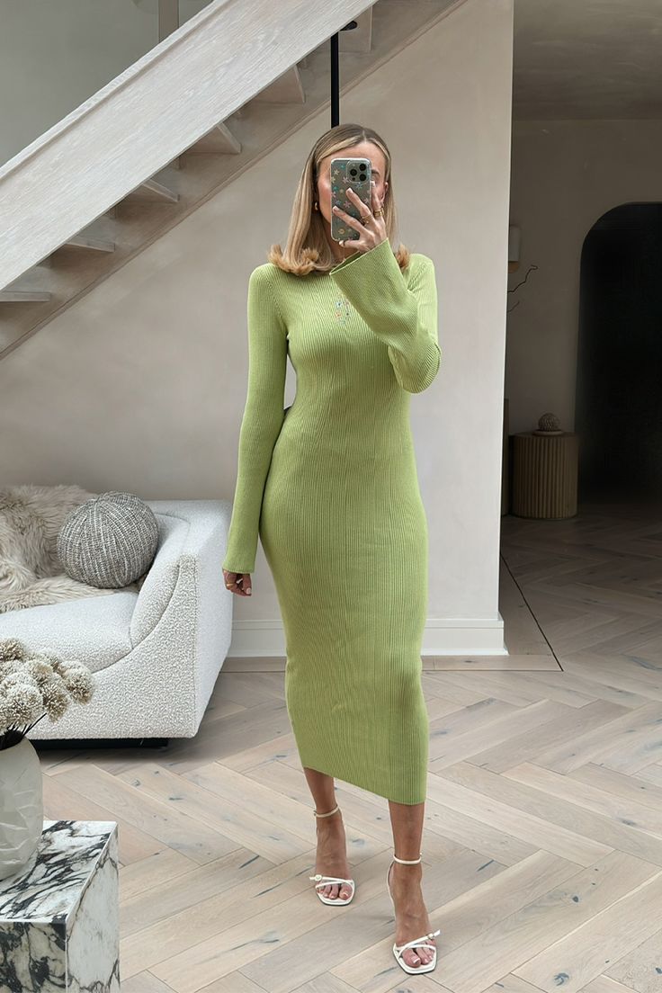 Perrie Sian's Collection  Green  Long Sleeve  Ribbed  Knitted  Midi Dress  Crew Neck  Fabric Composition: 80% Viscose 20% Polyester  Approximate Length: 125.50cm  Approximate Curve Length: 127.50cm  Wash Instructions: 30 Degree Wash   Model is 5'8 and wears UK size 8  Model is 5'7 and wears UK size 18  Perrie is 5'7 and wears UK Size 10   Stand out with our new green long sleeve knitted maxi dress from Perrie's latest collection. Wear with sandals for a look that will turn heads.  Product code: Long Green Knit Dress, Green Ribbed Fitted Dress, Casual Green Knitted Dress, Chic Green Knit Midi Dress, Long Sleeve Knit Maxi Dress, Green Long Sleeve Ribbed Midi Dress, New Green, Knit Midi, Maxi Knit Dress