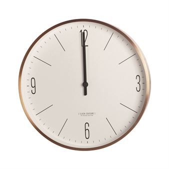 a white and gold clock with black numbers on the face is shown against a white background