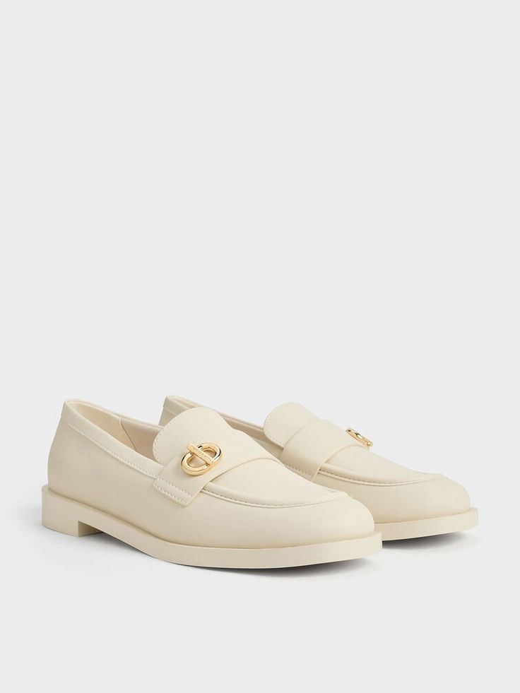 Chalk Metallic-Accent Loafers - CHARLES & KEITH US Chic Slip-on Platform Loafers, Chic Flat Slip-ons For Office, Formal Cream Slip-on Flats, Cream Slip-on Flats For Office, Chic White Slip-ons For Office, Modern White Slip-ons For Work, Trendy Beige Flats For Workwear, Trendy Beige Flats For Work, Trendy Beige Workwear Flats