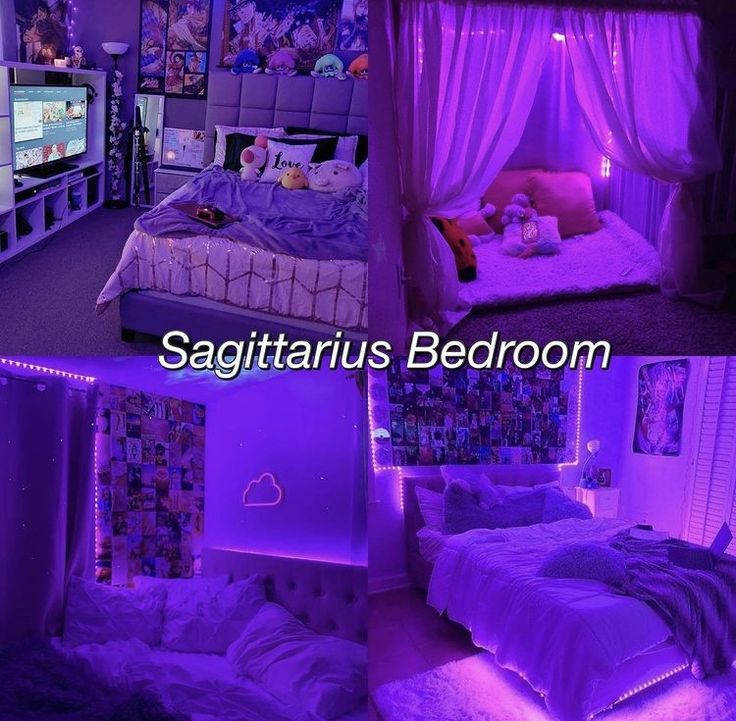 two pictures of a bedroom with purple lighting