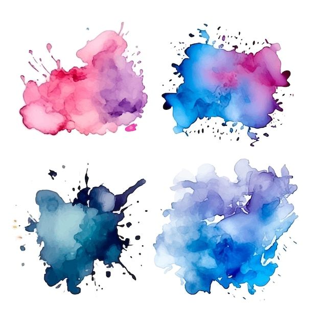 four watercolor stains are shown in different colors and shapes, including blue, pink, purple