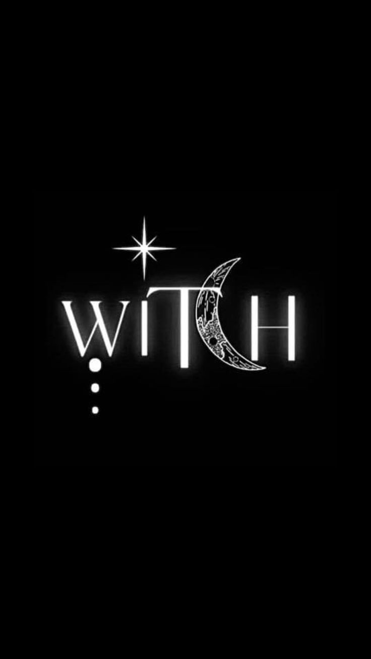 the words witch are lit up against a black background with white stars and crescents