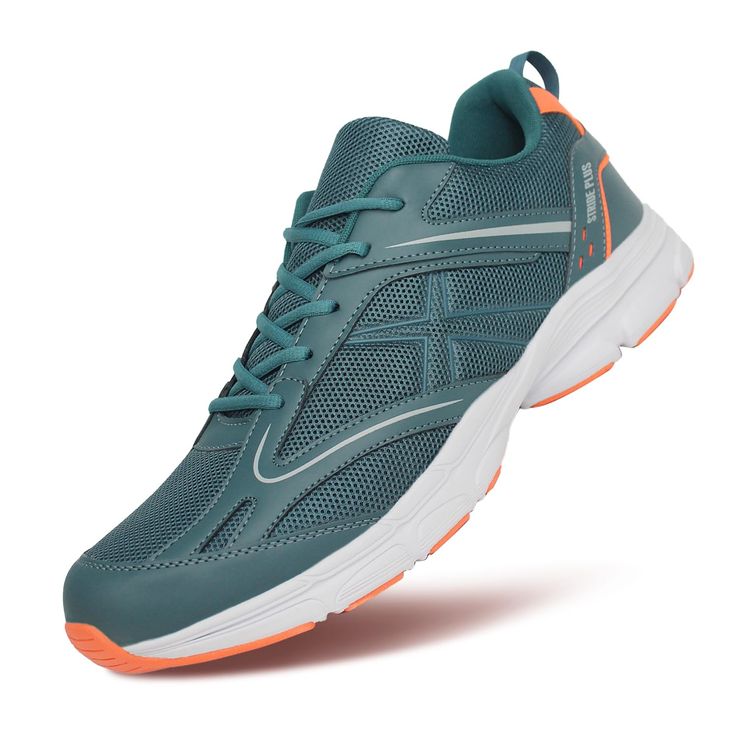 a women's tennis shoe in teal and orange