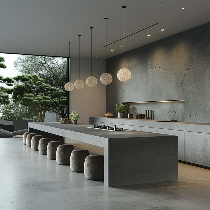 a modern kitchen with concrete counter tops and stools