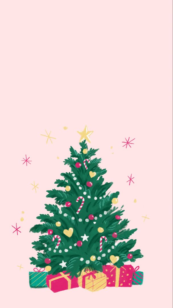 a christmas tree with presents under it and stars on the top, against a pink background