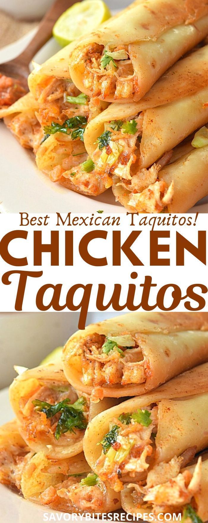 chicken taquitass stacked on top of each other with the title above it