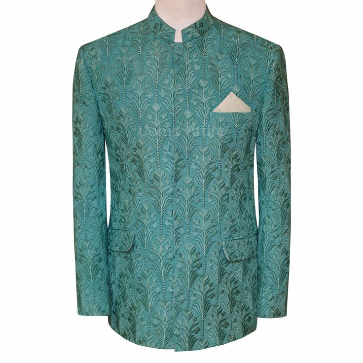 Mint green fully embroidered fabric prince coat  | Prince Coat for Wedding Fitted Nehru Jacket With Zari Work For Spring, Festive Green Nehru Jacket With Intricate Embroidery, Designer Bandhgala For Spring Festivals, Designer Bandhgala With Zari Work For Spring, Spring Wedding Green Bandhgala, Formal Spring Nehru Jacket With Zari Work, Spring Green Bandhgala With Resham Embroidery, Green Nehru Jacket With Zari Work For Reception, Fitted Green Sherwani For Spring